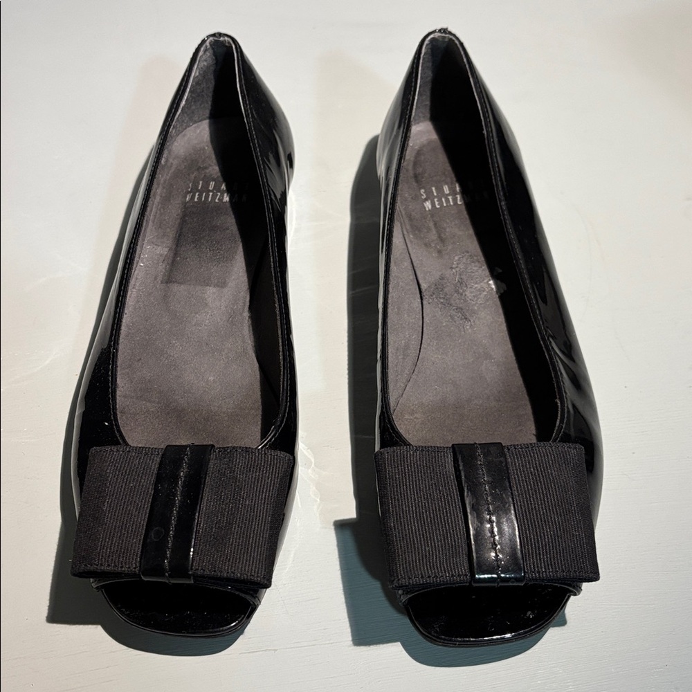 Stuart Weitzman Black Peep Toe Flats with Bow Sz 6.5